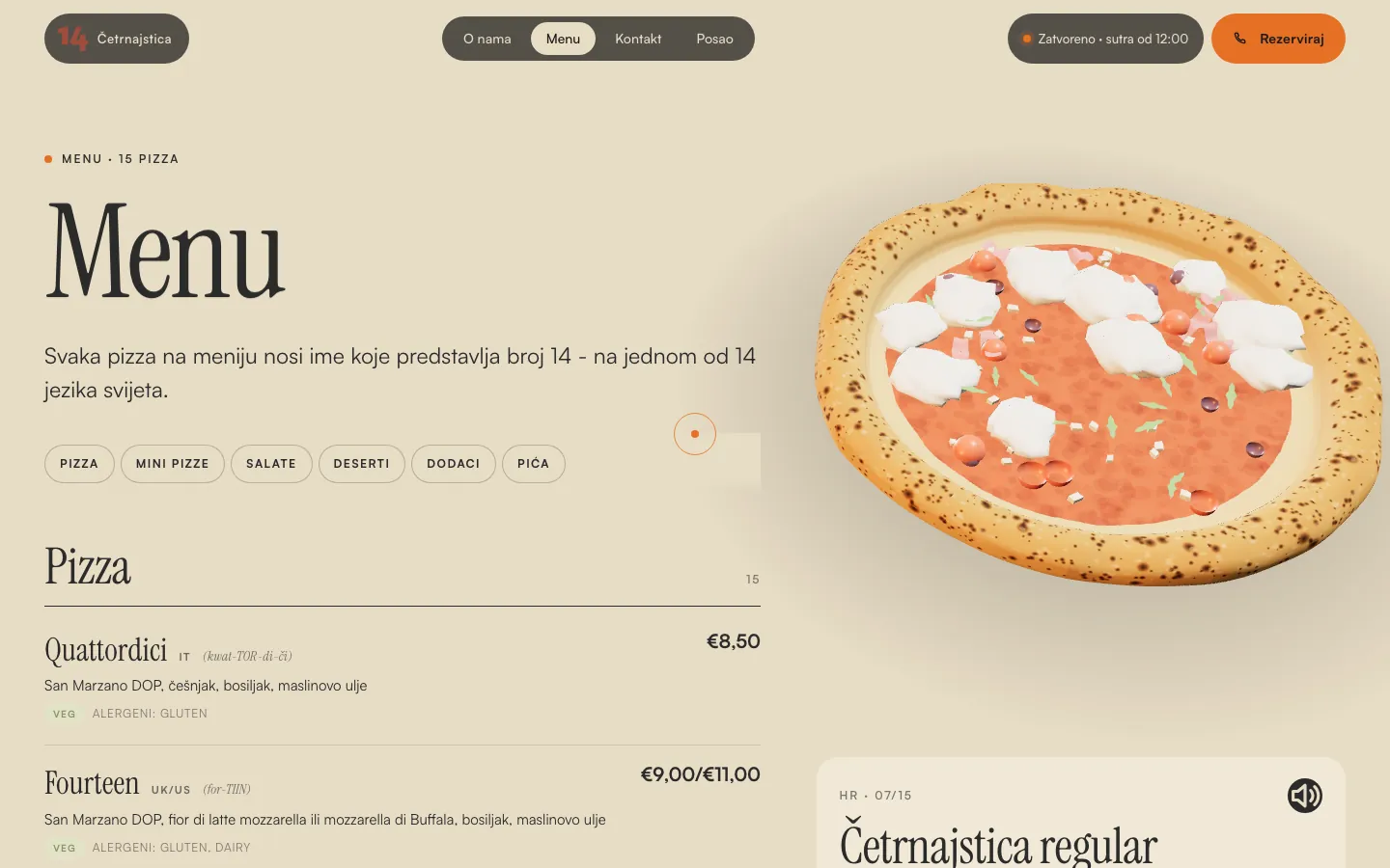 Pizzeria 14, menu